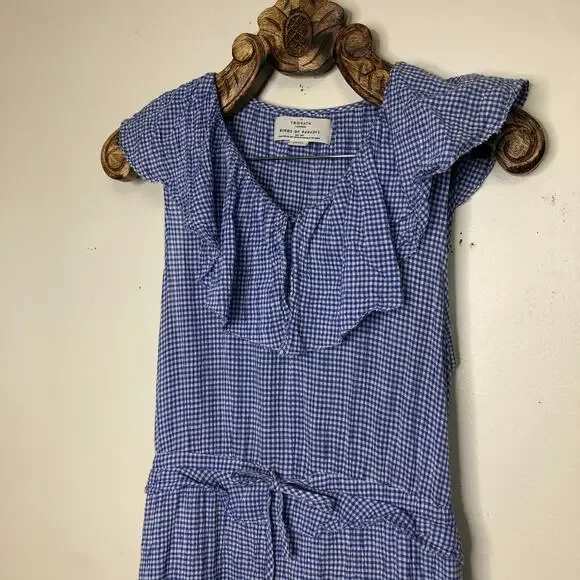 Bird of Paradis Dress Blue White Cotton Gingham Ruffle Midi Pockets Waist Tie S